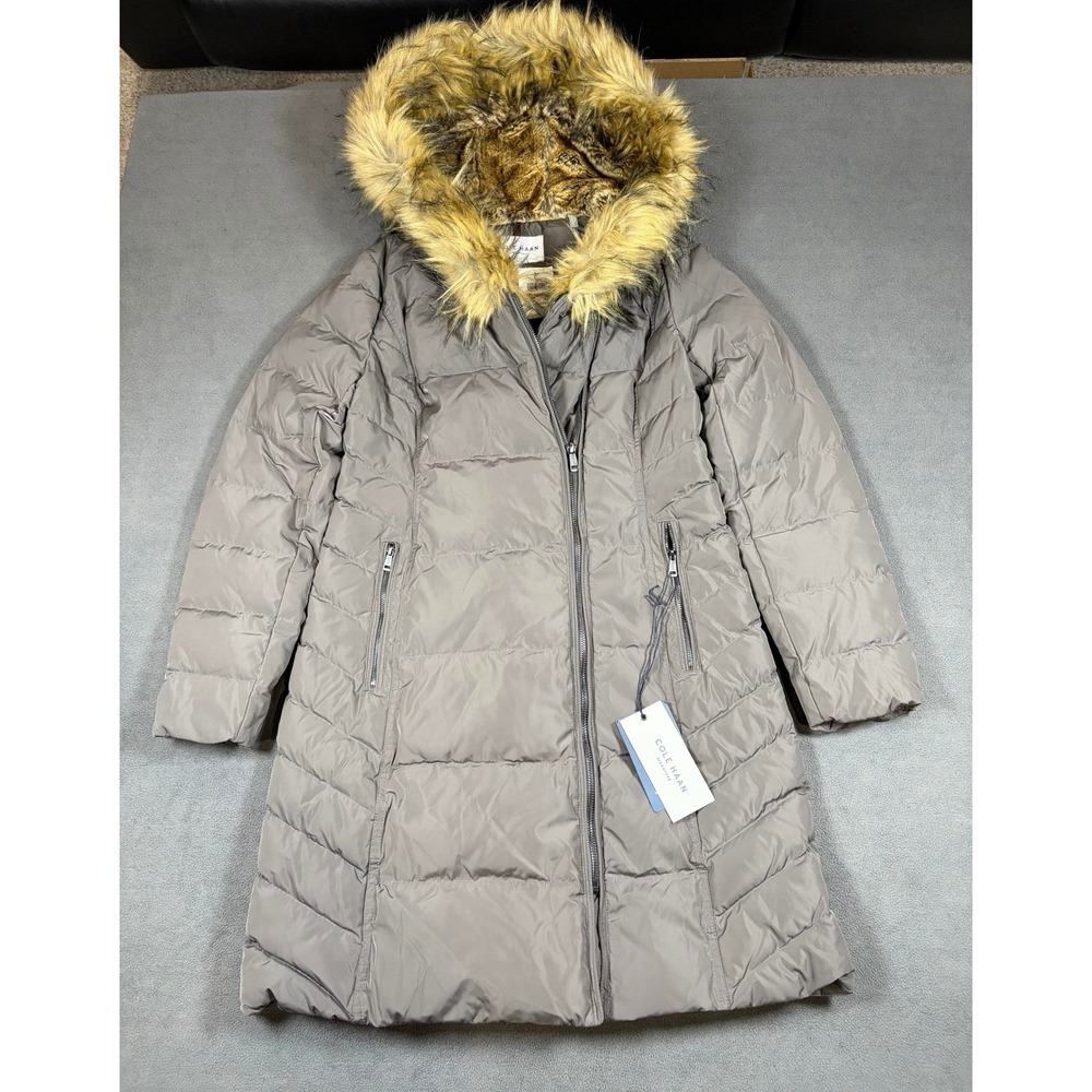 Cole Haan Signature Puffer Coat Women Small Gray Faux Fur Hood 357SD362